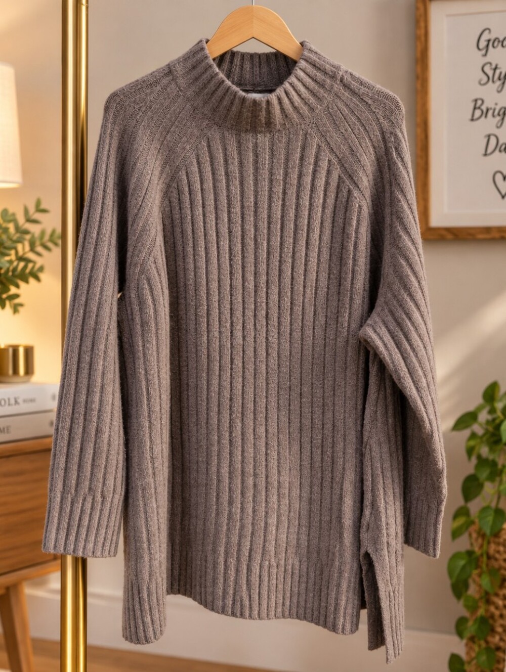 Ava & Viv Women's 2X Ribbed Mock Neck Tunic Sweater in Taupe Brown Side Slits